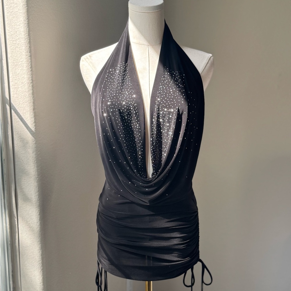 Y2K Baddie, Black Halter Extra mini, mini dress! Silver beading. By Icon size M
